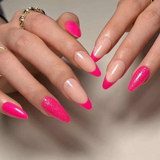 24pcs press on nails Wearing nail polish in rose red French glitter nail art