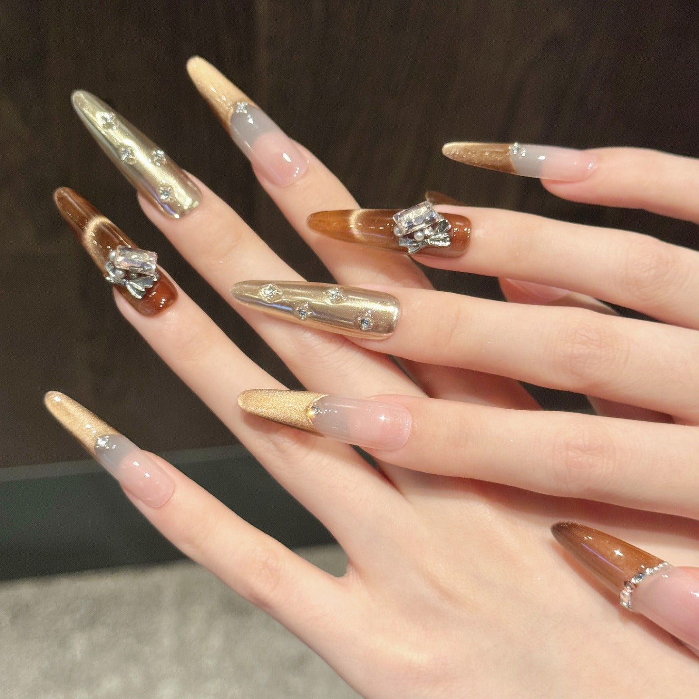 French long diamond-style manicure wear nail pads